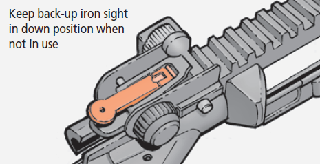Keep back-up iron sight in down position when not in use